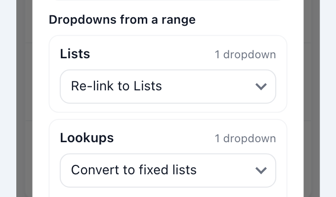 The import preview's Dropdowns from a range section: the Lists tab set to Re-link to Lists, the Lookups tab set to Convert to fixed lists