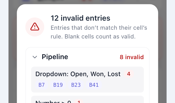 The invalid entries dialog: 12 invalid entries, the Pipeline tab with 8 invalid, and the cells B7, B19, B23 and B41 under the rule Dropdown: Open, Won, Lost